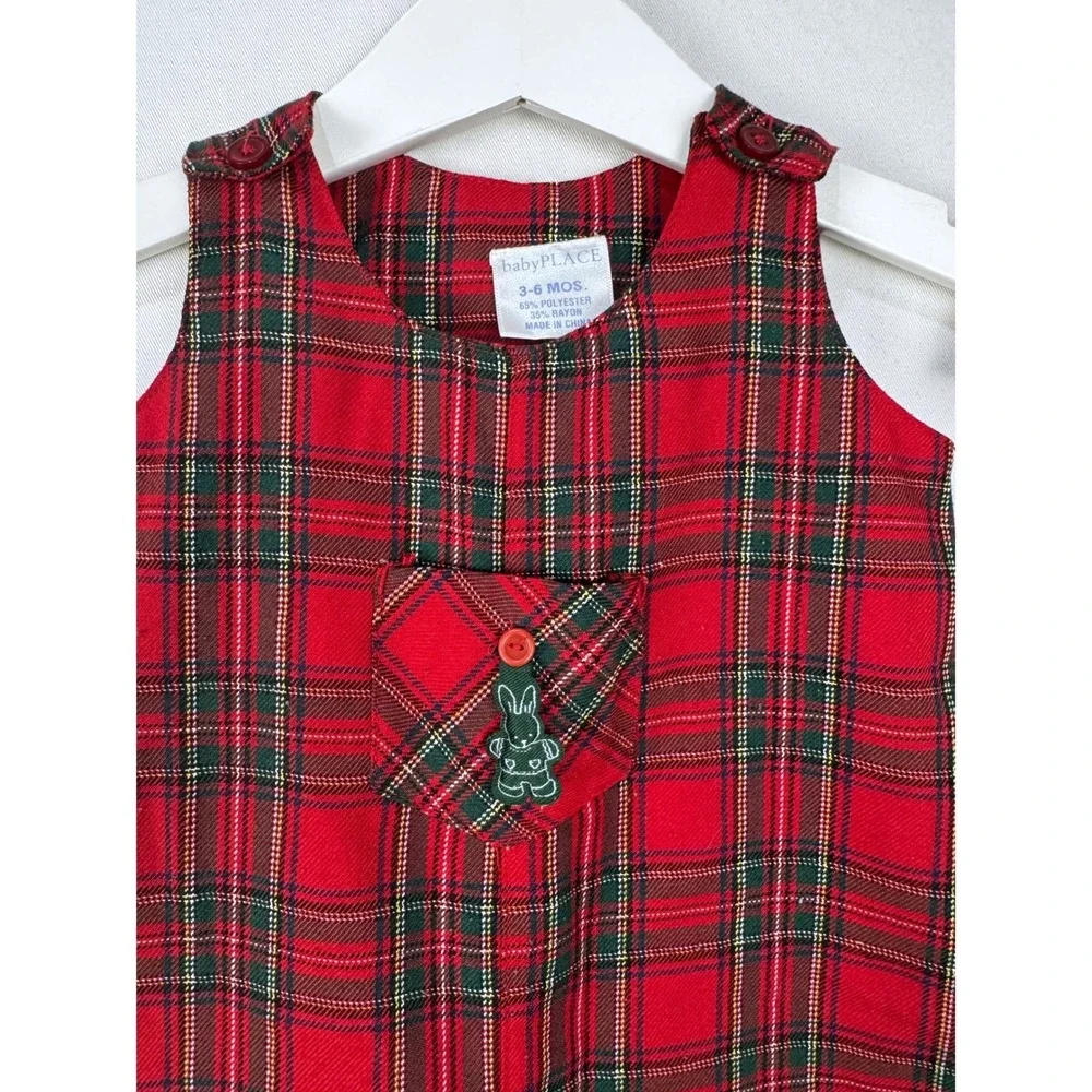 BabyPlace Romper & Hat Set 3-6 Months Red Plaid Tartan Christmas Holiday Outfit